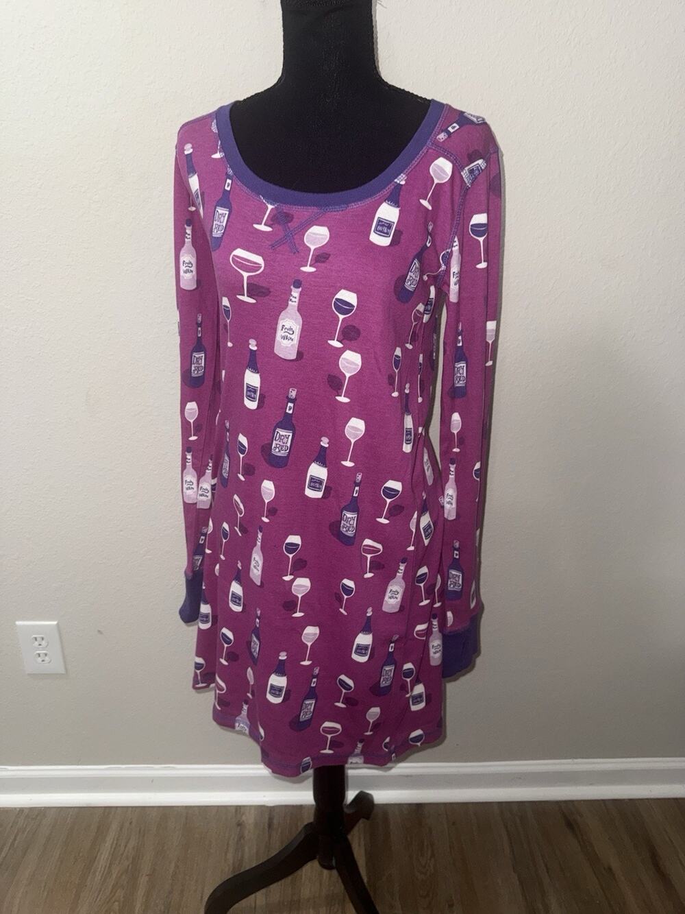 Nite Nite Munki Munki Wine Bottle Glasses Nightshirt Purple Sleep Dress Medium